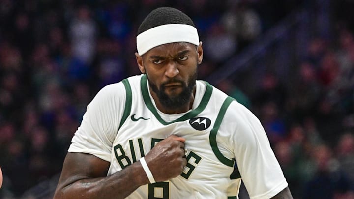 Milwaukee Bucks forward Bobby Portis (9) reacts after scoring a basket in the third quarter against the Utah Jazz at Fiserv Forum on January 8, 2024.