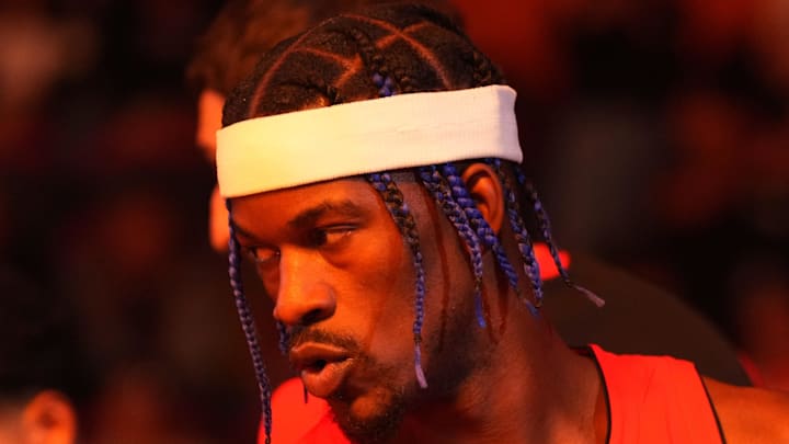 Dec 7, 2024; Miami, Florida, USA;  Miami Heat forward Jimmy Butler (22) is introduced during pregame ceremonies before a game against the Phoenix Suns at Kaseya Center. Mandatory Credit: Jim Rassol-Imagn Images