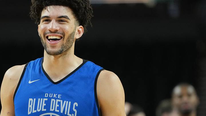 Duke Blue Devils forward Cameron Boozer (12) reacts during a practice session ahead of the first round of the men's 2026 NCAA Tournament at Bon Secours Wellness Arena on March 18, 2026.