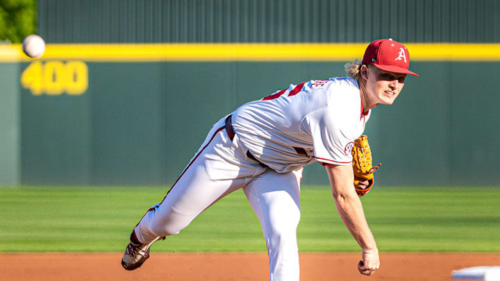 Arkansas righty Tate McGuire throws a pitch against Arkansas State. The Razorbacks won 7-3. 