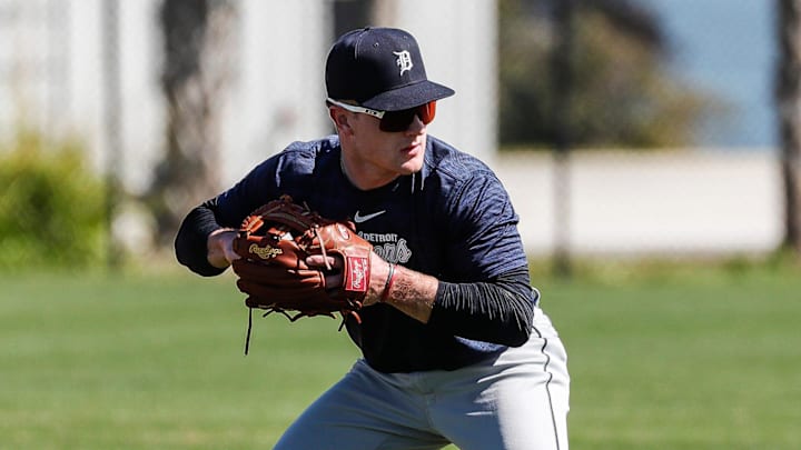 Tigers prospect Kevin McGonigle during spring training at TigerTown in Lakeland, Florida, on Thursday, Feb. 22, 2024.