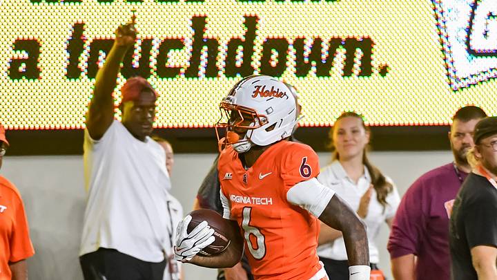 Sep 5, 2026; Blacksburg, Va.; Virginia Tech wide receiver Keylen Adams (6) runs after a catch against VMI. Sep 5, 2026; Blacksburg, Va.; Virginia Tech wide receiver Keylen Adams (6) runs after a catch against VMI.