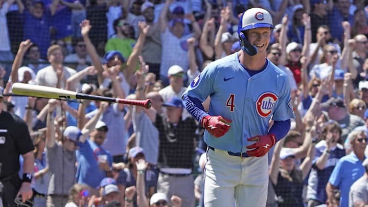 Chicago Cubs center fielder Pete Crow-Armstrong (4) hits a three-run home run against the Chicago White Sox at Wrigley Field. Chicago Cubs center fielder Pete Crow-Armstrong (4) hits a three-run home run against the Chicago White Sox at Wrigley Field.