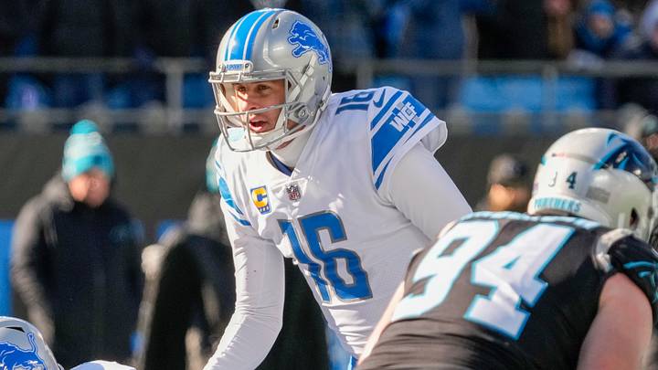 Dec 24, 2022; Charlotte, North Carolina, USA; Detroit Lions quarterback Jared Goff (16) on the line of scrimmage during the second quarter against the Carolina Panthers at Bank of America Stadium. Mandatory Credit: Jim Dedmon-USA TODAY Sports Dec 24, 2022; Charlotte, North Carolina, USA; Detroit Lions quarterback Jared Goff (16) on the line of scrimmage during the second quarter against the Carolina Panthers at Bank of America Stadium. Mandatory Credit: Jim Dedmon-USA TODAY Sports