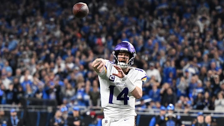 Jan 5, 2025; Detroit, Michigan, USA; Minnesota Vikings quarterback Sam Darnold (14) throws a pass into the end zone on route down against the Detroit Lions in the third quarter at Ford Field. The pass was incomplete.Mandatory Credit: Lon Horwedel-Imagn Images