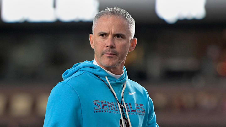 Nov 1, 2025; Tallahassee, Florida, USA; Florida State Seminoles head coach Mike Norvell looks on before the game against the Wake Forest Demon Deacons at Doak S. Campbell Stadium. Mandatory Credit: Melina Myers-Imagn Images