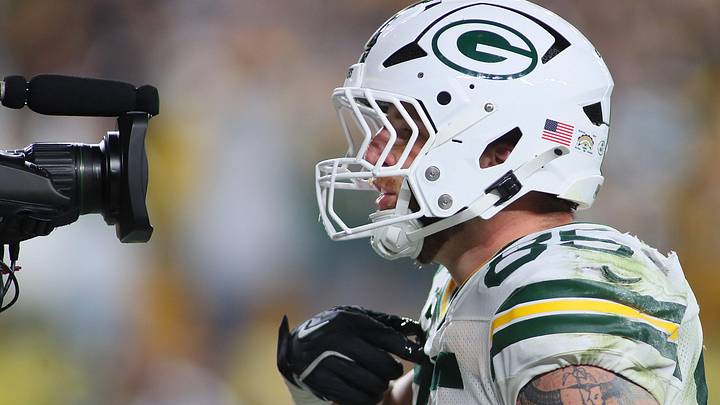 Green Bay Packers tight end Tucker Kraft (85) talks to the camera after scoring a touchdown at Pittsburgh. Green Bay Packers tight end Tucker Kraft (85) talks to the camera after scoring a touchdown at Pittsburgh.