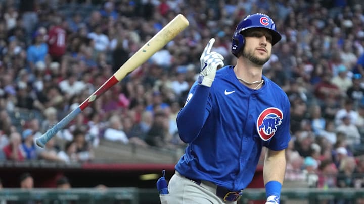 Chicago Cubs outfielder Kyle Tucker hits a two-run home run against the Arizona Diamondbacks.