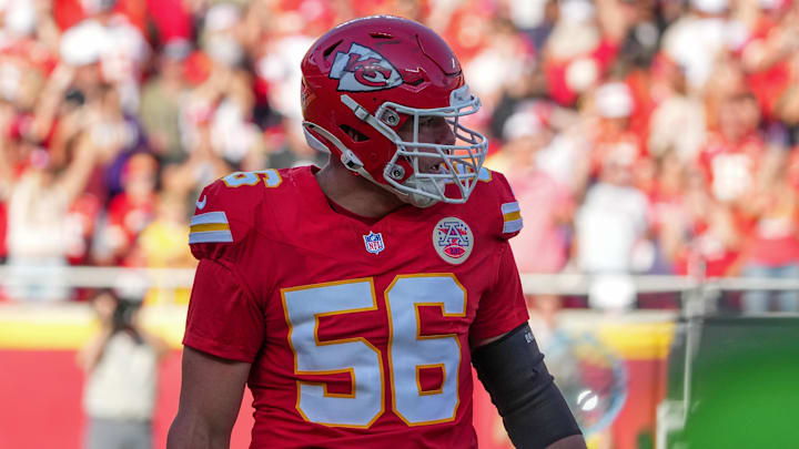 Sep 28, 2025; Kansas City, Missouri, USA; Kansas City Chiefs defensive end George Karlaftis (56) on field against the Baltimore Ravens during the game at GEHA Field at Arrowhead Stadium. Mandatory Credit: Denny Medley-Imagn Images