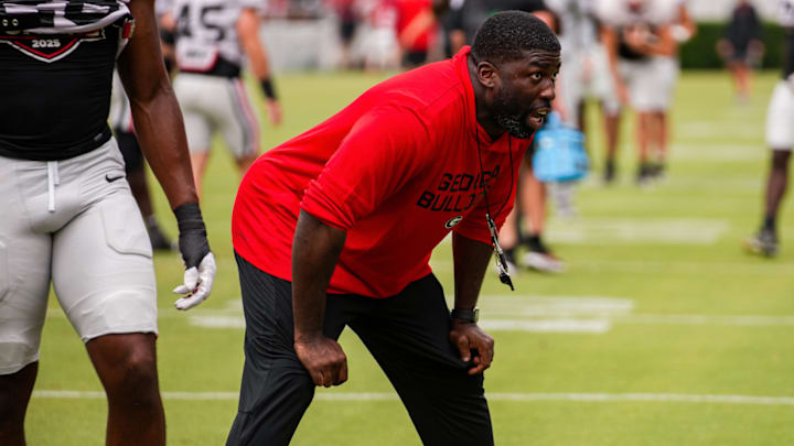 Georgia assistant coach and outside linebackers coach Chidera Uzo-Diribe during Georgia’s practice session on Dooley Field at Sanford Stadium in Athens, Ga., on Saturday, Aug. 9, 2025. (Tony Walsh/UGAAA)