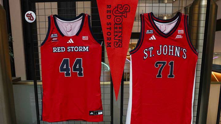 Oct 1, 2026; New York, NY, USA; A jersey display for the St. John's Red Storm at the 2026 Big East Media Day at Marriott Marquis. Mandatory Credit: Wendell Cruz-Imagn Images Oct 1, 2026; New York, NY, USA; A jersey display for the St. John's Red Storm at the 2026 Big East Media Day at Marriott Marquis. Mandatory Credit: Wendell Cruz-Imagn Images