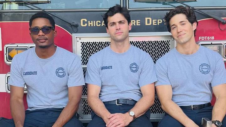 Da'Vinchi, Matthew Daddario, and Brandon Larracuente on the set of Chicago Fire season 15