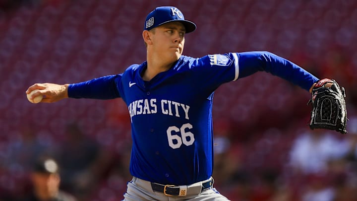 Aug 18, 2024; Cincinnati, Ohio, USA; Kansas City Royals relief pitcher James McArthur (66) pitches against the Cincinnati Reds in the ninth inning at Great American Ball Park. Mandatory Credit: Katie Stratman-Imagn Images