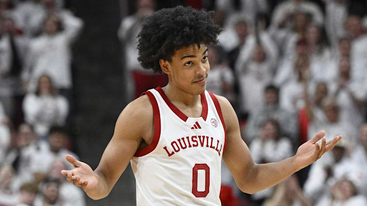 Louisville Cardinals guard Mikel Brown Jr. (0) reacts during the second half against the NC State Wolfpack at KFC Yum! Center. Louisville defeated N.C. State 118-77 on February 9, 2026.