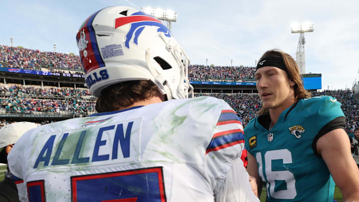Jan 11, 2026; Jacksonville, FL, USA; Buffalo Bills quarterback Josh Allen (17) and Jacksonville Jaguars quarterback Trevor Lawrence (16) after an AFC Wild Card Round game at EverBank Stadium. Mandatory Credit: Nathan Ray Seebeck-Imagn Images
