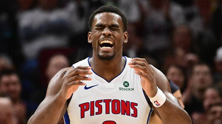 May 11, 2026; Cleveland, Ohio, USA; Detroit Pistons center Jalen Duren (0) reacts after a play against the Cleveland Cavaliers during the second half of game four in the second round of the 2026 NBA Playoffs at Rocket Arena. Mandatory Credit: Ken Blaze-Imagn Images