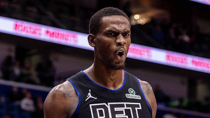 Jan 21, 2026; New Orleans, Louisiana, USA;  Detroit Pistons center Jalen Duren (0) reacts to a play against the New Orleans Pelicans during the second half at Smoothie King Center. Mandatory Credit: Stephen Lew-Imagn Images