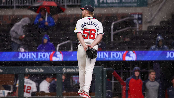 Apr 10, 2025; Atlanta, Georgia, USA; Atlanta Braves starting pitcher Spencer Schwellenbach (56) walks off the field against the Philadelphia Phillies during a rain delay in the seventh inning at Truist Park. Mandatory Credit: Brett Davis-Imagn Images
