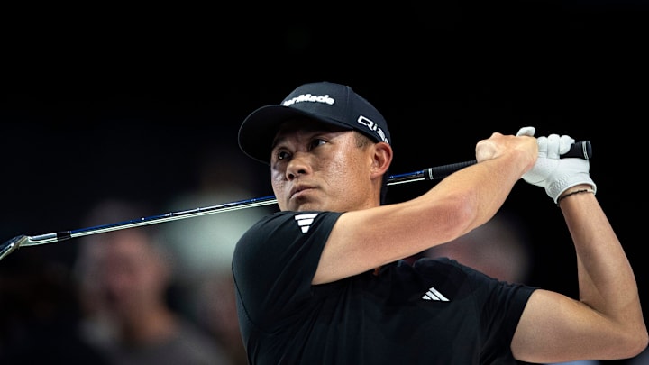 Collin Morikawa of Los Angeles Golf Club tees off during a TGL match