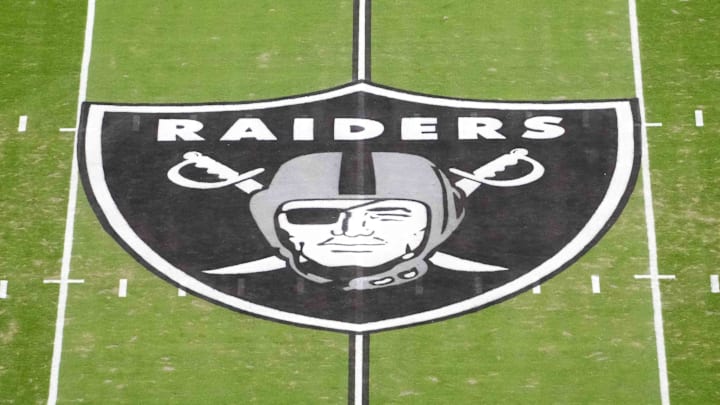 Jan 4, 2026; Paradise, Nevada, USA; The Las Vegas Raiders shield logo at midfield at Allegiant Stadium. Mandatory Credit: Kirby Lee-Imagn Images