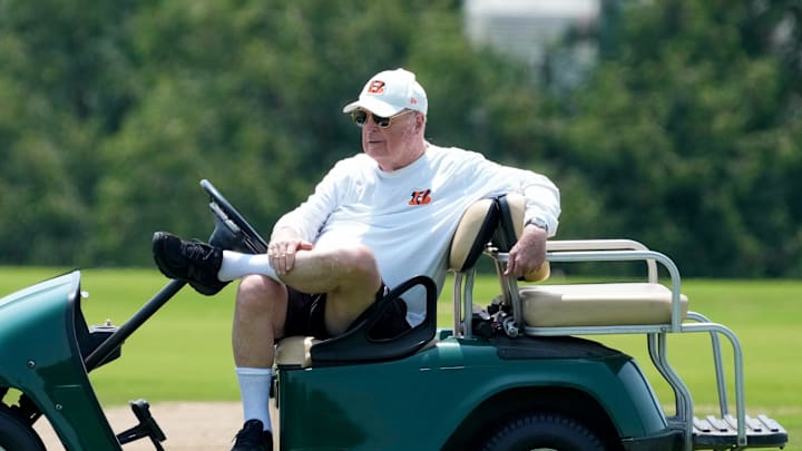 Cincinnati Bengals owner Mike Brown watches from the sideline during a session of organized team activities on the Bengals practice field at Paycor Stadium in downtown Cincinnati on Tuesday, June 3, 2025.