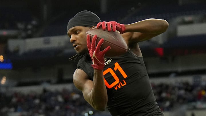 Arkansas wideout Andrew Armstrong (WO01) snags a pass during Saturday's workouts at the 2025 NFL Combine at Lucas Oil Stadium in Indianapolis, Ind.