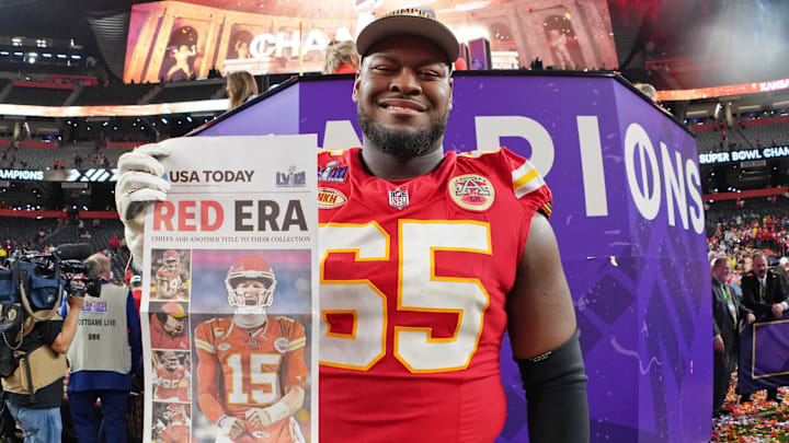 Feb 11, 2024; Paradise, Nevada, USA; Kansas City Chiefs guard Trey Smith (65) poses for a photo after winning Super Bowl LVIII against the San Francisco 49ers at Allegiant Stadium. Mandatory Credit: Kirby Lee-Imagn Images