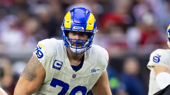Nov 26, 2023; Glendale, Arizona, USA; Los Angeles Rams offensive tackle Rob Havenstein (79) against the Arizona Cardinals at State Farm Stadium. Mandatory Credit: Mark J. Rebilas-Imagn Images