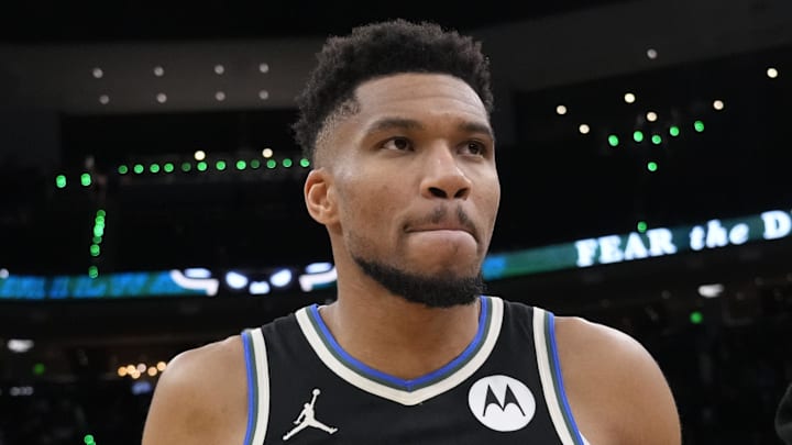 Milwaukee Bucks forward Giannis Antetokounmpo (34) walks from the court following the game against the Denver Nuggets at Fiserv Forum on January 23, 2026.