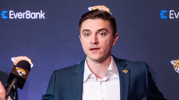 The Jacksonville Jaguars introduced General Manager James Gladstone, right, as he answered questions during a press conference Monday morning February 24, 2025 at the Miller Electric Center in Jacksonville, Fla. He was joined by owner Shad Khan, left, Khan’s son, Director of Football Strategy Tony Khan, Head Coach Liam Coen Executive Vice President of Football Operations Tony Boselli and team president Mark Lamping. [Doug Engle/Florida Times-Union]2025