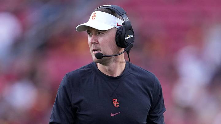 Sep 2, 2023; Los Angeles, California, USA; Southern California Trojans head coach Lincoln Riley reacts against the Nevada Wolf Pack  in the second half at United Airlines Field at Los Angeles Memorial Coliseum. Mandatory Credit: Kirby Lee-Imagn Images