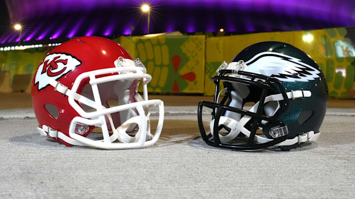 Feb 5, 2025; New Orleans, LA, USA; Kansas City Chiefs and Philadelphia Eagles helmets at the Caesars Superdome prior to Super Bowl LIX. Mandatory Credit: Kirby Lee-Imagn Images