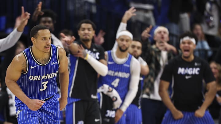 Jan 30, 2026; Orlando, Florida, USA; Orlando Magic guard Desmond Bane (3) reacts after a three-point basket against the Toronto Raptors in the fourth quarter at Kia Center. Mandatory Credit: Nathan Ray Seebeck-Imagn Images
