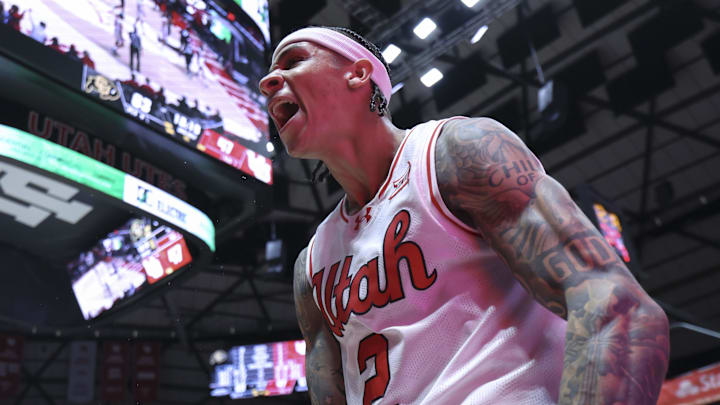 Mar 3, 2026; Salt Lake City, Utah, USA; Utah Utes guard Terrence Brown (2) reacts after making a shot and being fouled by the Colorado Buffaloes during the second half at Jon M. Huntsman Center. Mandatory Credit: Rob Gray-Imagn Images
