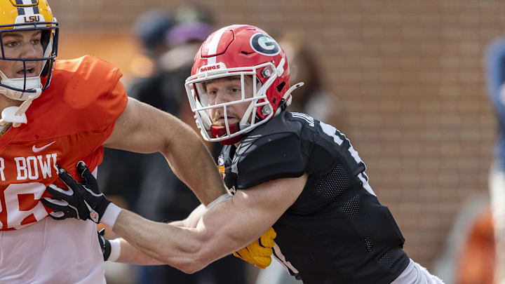 Jan 30, 2025; Mobile, AL, USA; American team tight end Mason Taylor of LSU (86) and American team defensive back Dan Jackson of Georgia (37) spar during Senior Bowl practice for the American team at Hancock Whitney Stadium. Mandatory Credit: Vasha Hunt-Imagn Images