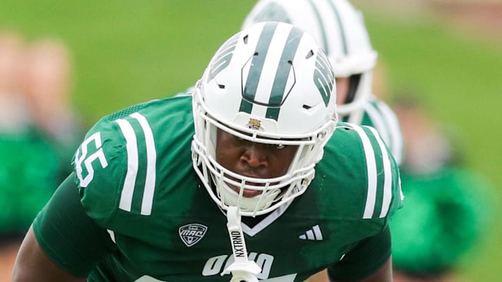 Sep 6, 2025; Athens, Ohio, USA; Ohio Bobcats offensive lineman Jordon Jones (55) before a snap during the first quarter against the West Virginia Mountaineers at Peden Stadium. Mandatory Credit: Ben Queen-Imagn Images