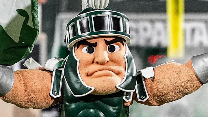 Michigan State mascot Sparty runs out of the tunnel before kickoff against Michigan at Spartan Stadium in East Lansing on Saturday, October 25, 2025.