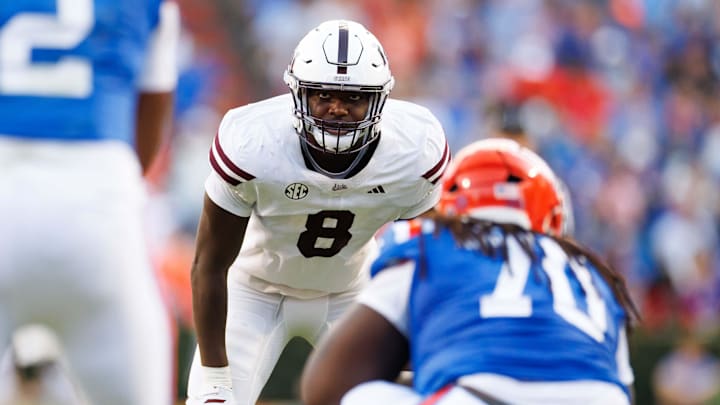Mississippi State Bulldogs linebacker Malick Sylla (8) stares at Florida Gators quarterback DJ Lagway (2) before the snap during the first half at Ben Hill Griffin Stadium.