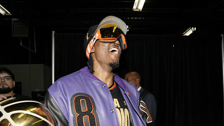 Jun 22, 2025; Oklahoma City, Oklahoma, USA; Oklahoma City Thunder forward Jalen Williams (8) celebrates after winning game seven of the 2025 NBA Finals against the Indiana Pacers at Paycom Center. Mandatory Credit: Kyle Terada-Imagn Images
