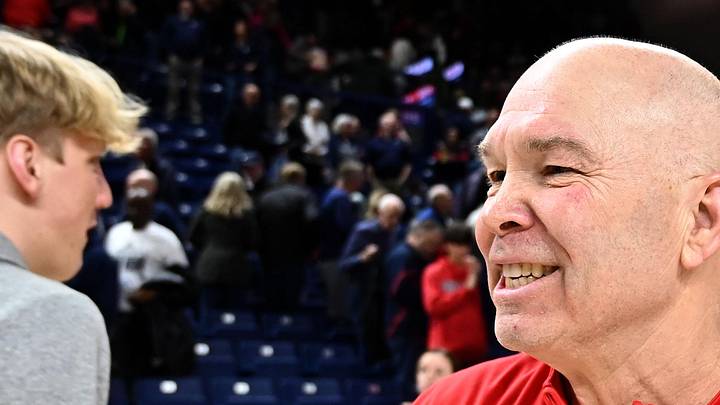 Feb 22, 2025; Spokane, Washington, USA; St. Mary's Gaels head coach Randy Bennett celebrates after a game against the Gonzaga Bulldogs at McCarthey Athletic Center. Mandatory Credit: James Snook-Imagn Images