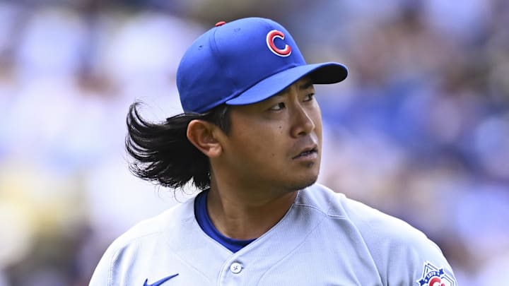 Apr 26, 2026; Los Angeles, California, USA; Chicago Cubs pitcher Shota Imanaga (18) reacts after the first inning against the Los Angeles Dodgers at Dodger Stadium. Mandatory Credit: Jonathan Hui-Imagn Images