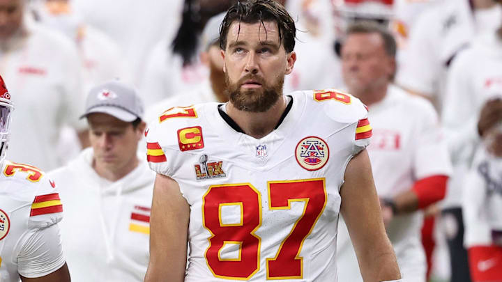 Feb 9, 2025; New Orleans, LA, USA; Kansas City Chiefs tight end Travis Kelce (87) walks off the field at the end of the first half of Super Bowl LIX at Caesars Superdome. Mandatory Credit: Bill Streicher-Imagn Images