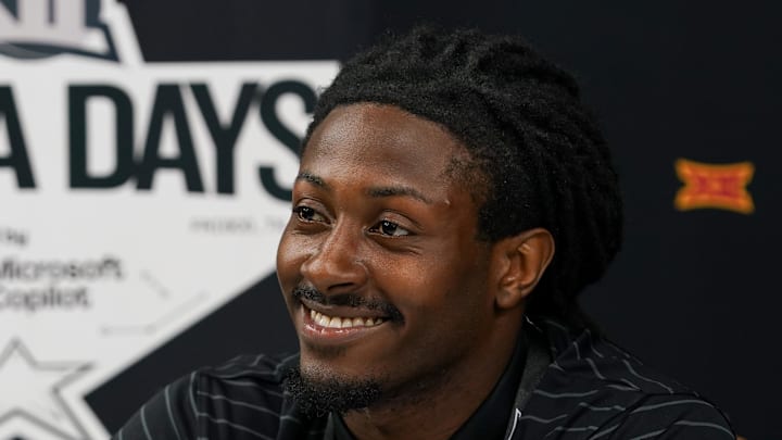 Jul 8, 2025; Frisco, TX, USA; Iowa State defensive back Jontez Williams answers questions from the media during 2025 Big 12 Football Media Days at The Star. Mandatory Credit: Raymond Carlin III-Imagn Images