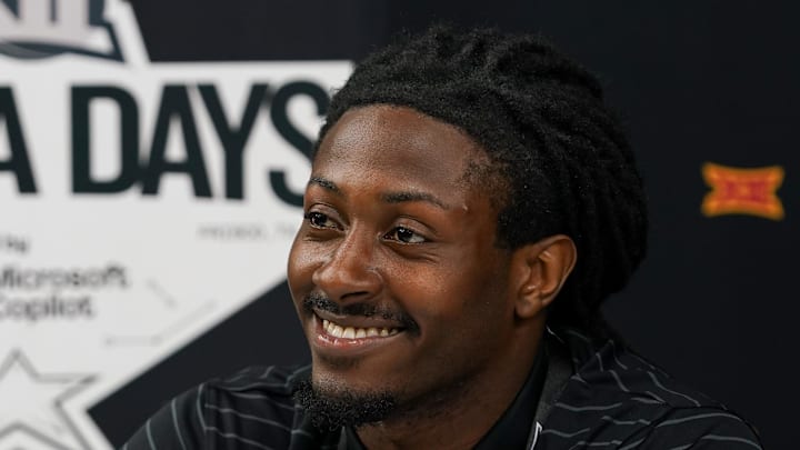 Jul 8, 2025; Frisco, TX, USA; Iowa State defensive back Jontez Williams answers questions from the media during 2025 Big 12 Football Media Days at The Star. Mandatory Credit: Raymond Carlin III-Imagn Images