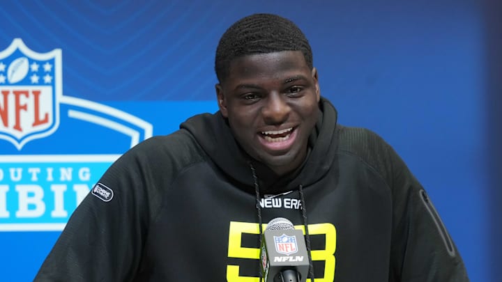 Feb 27, 2025; Indianapolis, IN, USA; UCLA defensive lineman Oluwafemi Oladejo (DL58) during the 2025 NFL Scouting Combine at the Indiana Convention Center. Mandatory Credit: Kirby Lee-Imagn Images Feb 27, 2025; Indianapolis, IN, USA; UCLA defensive lineman Oluwafemi Oladejo (DL58) during the 2025 NFL Scouting Combine at the Indiana Convention Center. Mandatory Credit: Kirby Lee-Imagn Images
