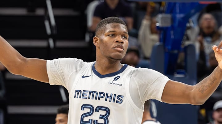 Oct 25, 2025; Memphis, Tennessee, USA; Memphis Grizzlies forward Cedric Coward (23) reacts after a three point basket against the Indiana Pacers during the second half at FedExForum. Mandatory Credit: Wesley Hale-Imagn Images