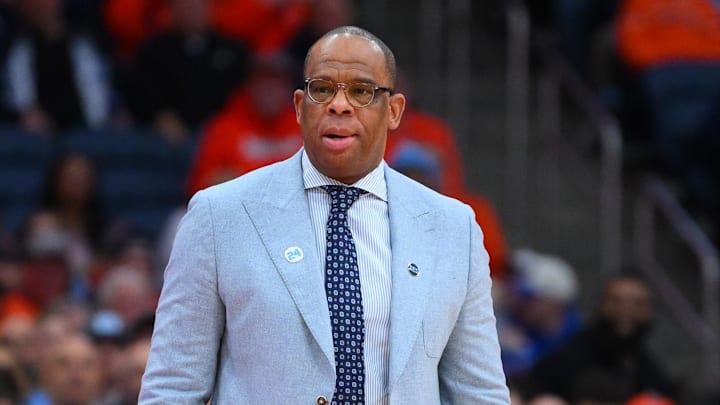 Feb 21, 2026; Syracuse, New York, USA; North Carolina Tar Heels head coach Hubert Davis looks on during the first half against the Syracuse Orange at the JMA Wireless Dome. Mandatory Credit: Rich Barnes-Imagn Images