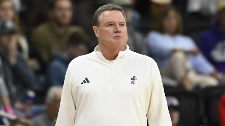 Mar 20, 2025; Providence, RI, USA;  Kansas Jayhawks head coach Bill Self looks on during the first half against the Arkansas Razorbacks at Amica Mutual Pavilion. Mandatory Credit: Eric Canha-Imagn Images