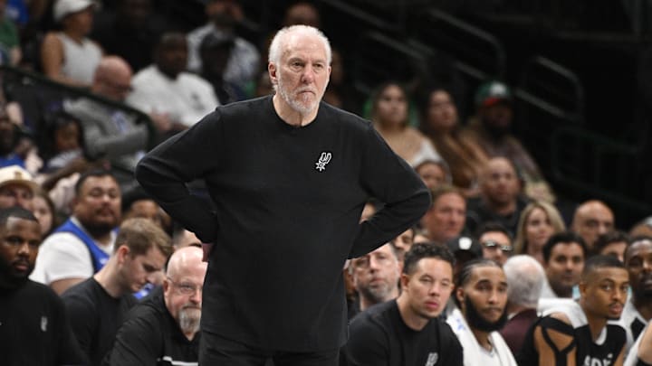 Oct 24, 2024; Dallas, Texas, USA; San Antonio Spurs coach Gregg Popovich during the game between the Dallas Mavericks and the San Antonio Spurs at the American Airlines Center.