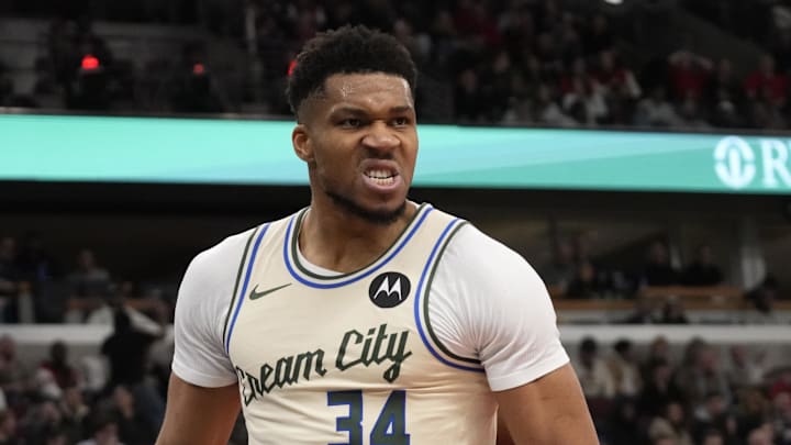 Dec 27, 2025; Chicago, Illinois, USA; Milwaukee Bucks forward Giannis Antetokounmpo (34) reacts after scoring against the Chicago Bulls during the second half at United Center. Mandatory Credit: David Banks-Imagn Images